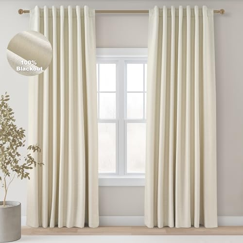 Topfinel Cream Black Out Curtains 96 Inch Long, 100% Blackout Thermal Insulated Natural Linen Pinch Pleat Viral Drapes with Hooks 2 Panel Sets, Burlap 8FT Back Tab Curtains for Living Room Bedroom