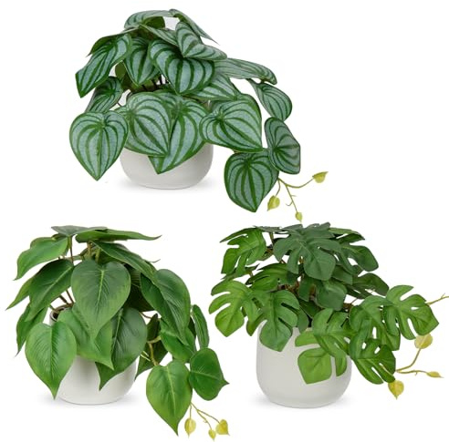 Oairse Set of 3 Small Artificial Plants in Ceramic Pots Decorative Fake Potted Plants Tropical Faux Plant Realistic Greenery House Plant Indoor for Aesthetic Home Office Kitchen Bathroom Desk Décor