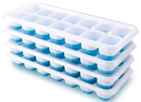 Eiswürfelform, 4 Stück Silikon Eiswürfelbehälter mit Deckel, BPA Frei TECHSHARE Eiswürfelformen für Whiskey, Cocktails, Getränke, Eiswürfel(Blau Ice Cube Tray)