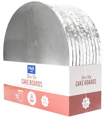 PME Set de 10 Cake Boards redondos para Tartas con bordes envueltos, Plata (12 / 30cm)