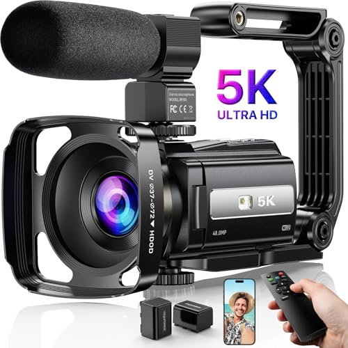 Videokamera 5K Camcorder WiFi HD 48MP IR Nachtsicht Vlogging Kamera für YouTube 16X Digital Zoom 3 Touchscreen Kamera Recorder mit Mikrofon, Handstabilisator, Objektivhaube, Fernbedienung,2 Batterien