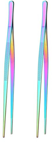 2Pcs 12 Fine Long Tweezer Tongs, Professional Cocktail Garnish Tools, 304 Stainless Steel for Kitchen, Food, Cooking (Rainbow 2PCS)