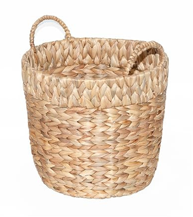 Wickerfield Water Hyacinth Woven Round Storage Laundry Basket Wicker Gift Hamper with Handle Large Home Blanket Bathroom Toy Organizer (Small)