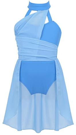 Riismen Kids Girls Ballet Lyrical Dance Dress Halter Cutout Back Leotard Chiffon Tailskirts Dancewear Light Blue 9-10 Years