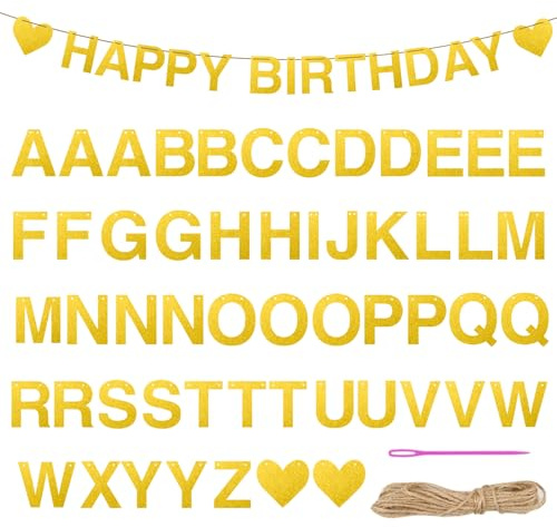 Girlande Banner,54 Stück Buchstaben Gold Papier Wimpelbanner,DIY Banner Selbst Gestalten mit 10m Juteseil,Wiederverwendbares Gold Personalisiertes Buchstabensymbol für Party Geburtstag Valentinstag