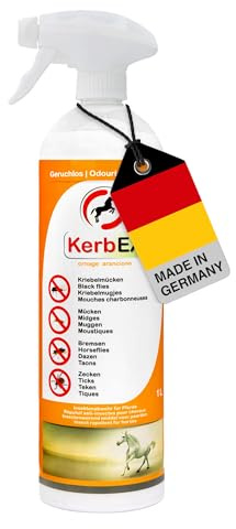 KerbEx Orange Insektenabwehrmittel für Pferde bei leichtem bis mittlerem Insektenbefall – Ohne Geruchsstoffe, langanhaltender Schutz vor Bremsen, Mücken, Kriebelmücken und Zecken – 1L mit Sprühkopf