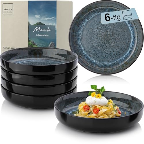 SÄNGER Manila Steingut Pastaschalen 6 tlg, Nudel Schalen Set 6 Personen, | Schüssel Set spülmaschinenfest mikrowellenfest kratzfest, große Schüssel blau mit schwarzem Rand 750 ml