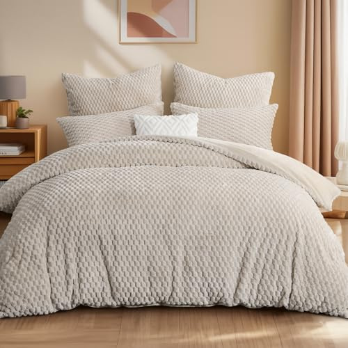 Aisbo Winter Flanell Bettwäsche 200x200 3teilig Beige - Warm Plüsch Winterbettwäsche Flauschige Teddy Fleece Cashmere Touch Bettbezug und 2 Kissenbezüge 80x80 cm mit Reißverschluss