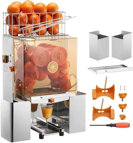 Exprimidor de naranja comercial, 120 W, extractor automático de jugo con caja de filtro extraíble, cubierta de policarbonato, 2 cubos de recogida de cáscara, exprimidor de acero inoxidable para 20