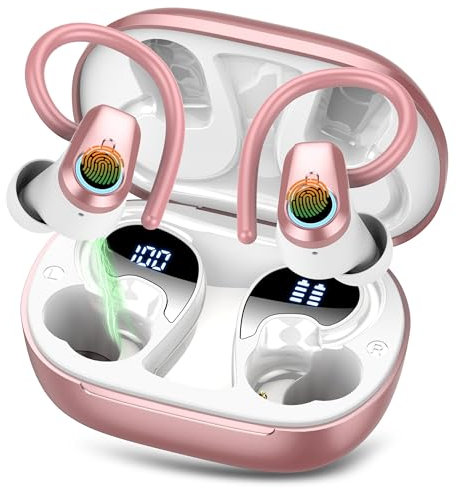 Cuffie Bluetooth Sport, Auricolari Bluetooth 5.3 Wireless, 50 Ore HiFi Stereo Cuffie Wireless con 4 Mic, Cancellazione Rumore, IP7 Impermeabili, Ricarica Rapida, Cuffiette Bluetooth per Running, Rosa