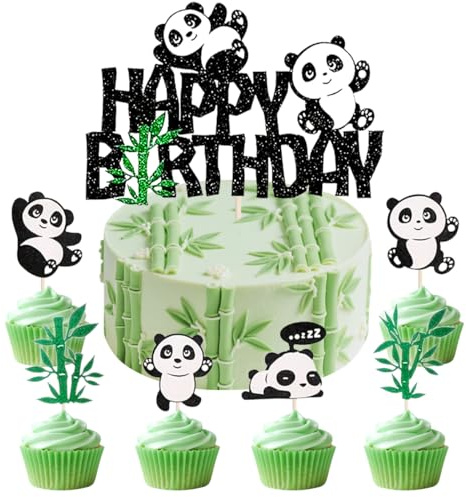 SANYUANHE 25 Stück Panda Kuchen Dekoration,Niedliche Tierfiguren Tortenverzierung-Natürliche Motive-Grüne Bambusblätter-Cupcake Toppers für Baby Shower,Kindergeburtstag und Tierische Themenpartys