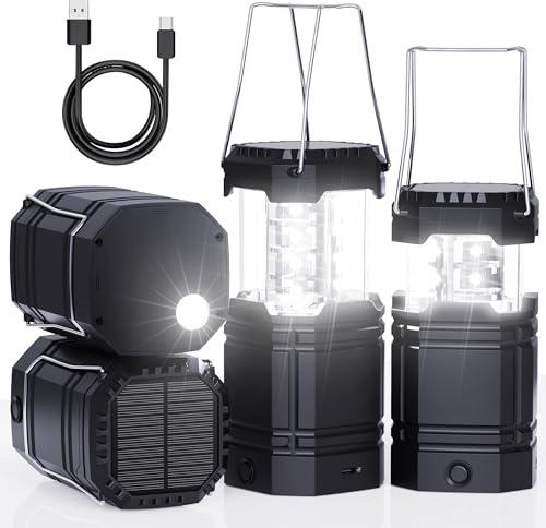 4 Pack Solar Camping Lantern with 1600mAh Rechargeable Battery, 30-Hour Runtime, 360° LED Tent Light & Super Bright Flashlight, Compact & Portable for Hiking, Emergency, Outdoor