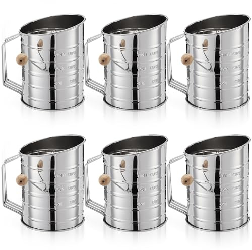 LemonRoad 6 Pcs 3 Cup Flour Sifter for Baking Stainless Steel Bulk Fine Mesh Rotary Hand Crank with Loop Agitator Quick Sifting Flour Crank Sifter Kitchen Tools for Powdered Sugar Cocoa