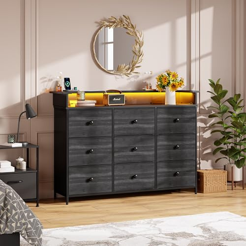Nicehill 9 Drawers Dresser for Bedroom, TV Stand for Bedroom, Fabric Chest of Drawers with LED Light, Black Dresser for Hallway Entryway (Black Wood Grain)