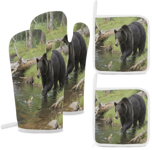 Oven Mitts And Potholders Set of 4 Heat Resistant Black Bears Fishing in The Stream Pattern Oven Mitts for Baking Kitchen Outdoor BBQ Cookouts