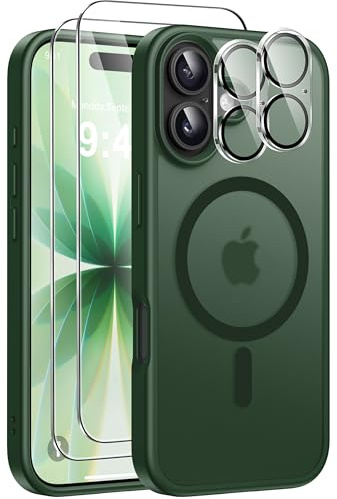 ivencase Magnetic for iPhone 17 Case with 2 Pack Screen Protector and 2 Pack Camera Lens Protector, Compatible with MagSafe, Shockproof Protective Translucent Matte Back Phone Case 6.3 -Dark Green