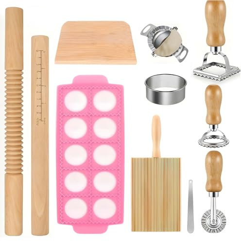 SOONHUA Pasta Making Tools Set 11 Piece Ravioli Gnocchi Kit | 11pcs pasta kit with gnocchi board, ravioli cutter, dumpling tools, dough scraper and noodle cutter for homemade pasta