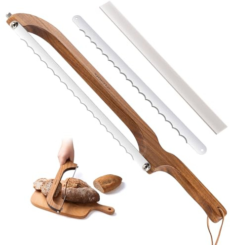 XJHEYLZ Sourdough bread knife,Bread Slicer for Homemade Bread,Adjustable blade tightness for Even Slicing, Serrated knife,Wooden Bread cutter with Bow Design (3, brown)