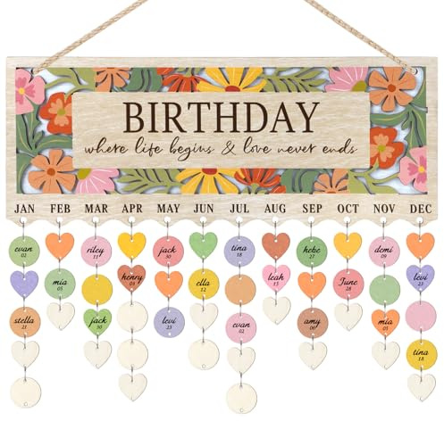 TOARTi 3D Wildflower Family Birthday Calendar Plaque(15.75''x6.3'') with 100 pcs Tags, DIY Wooden Birthday Celebration Wall Hanging, Family Celebration Calendar Reminder Tracker for Home Office