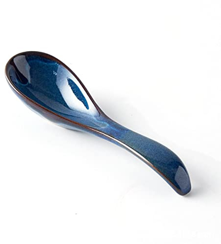 Ceramic Ramen Spoon,Chinese Asian Soup Spoon,Retro Porcelain Spoon Rice Spoons,Long Handle Mixing Spoons(B)