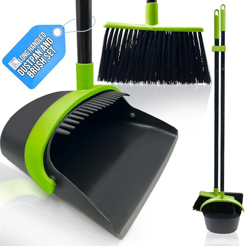 Long Handled Dustpan and Brush Set with Built In Brush Cleaner - Indoor Broom and Dustpan Set for Floor Cleaning Tall Dust Pan and Brush - Indoor Dustpan and Brush Sets (Black and Green)
