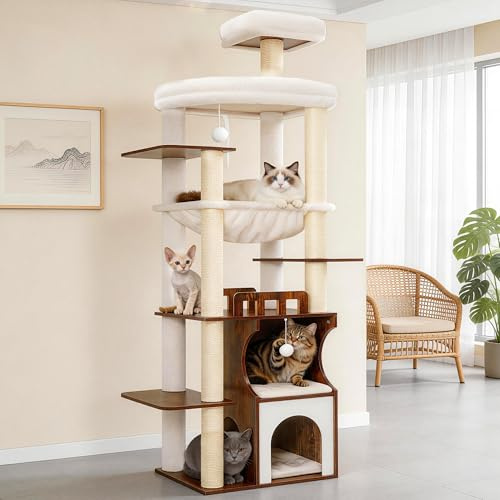 Gitelsnour Cat Tree, 187 cm Wood Cat Tower for Large Cats Adult, Modern Cat furniture with Double-Layer Wooden Cat Condo, 2 Platforms, Hammock and Scratching Posts, Rustic Brown GCT102SR