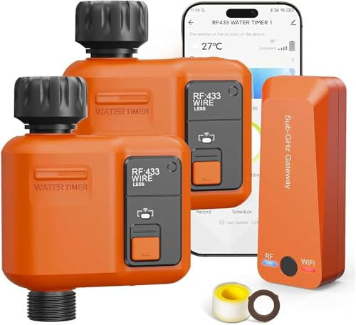 2 stycken WLAN smart bevattningsdator med 300 meter RF, super wifi-täckning, regnfördröjning trädgårdsbevattningssystem, app och röststyrning, automatisk timer