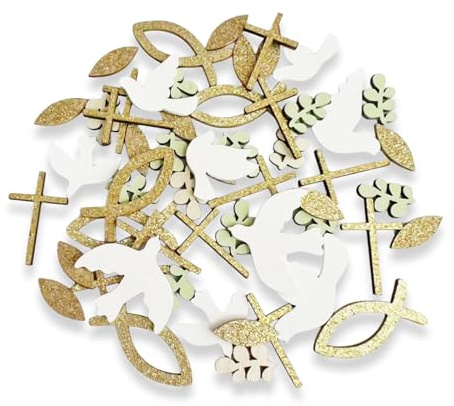 Décoration de table Targonix pour confirmation - 70 pièces en bois - Décoration de table pour baptême et confirmation avec croix, poisson, colombe et feuille - Pour communion, première communion et