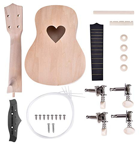Ukelele DIY de 21 Pulgadas, Kit Completo de Instrumento de Madera Basswood, 4 Cuerdas, Diseño Pétalo - Material Ligero y Seguro, Ideal para Manualidades y Niños (Forma de corazón)