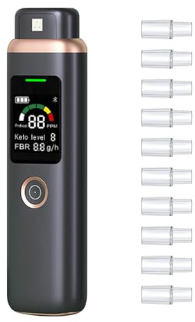 Medidor de aliento de cetona profesional, analizador de cetonas de aliento de alta precisión, portátil, probador de cetosis con 10 boquillas reutilizables para seguimiento de dieta cetogénica y