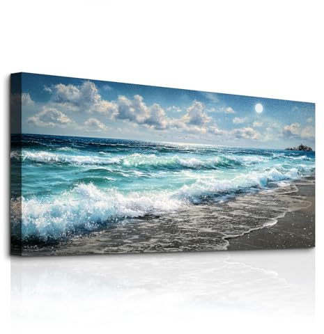 SERIMINO Natürliche Wandbild Meer Leinwand Bilder Wohnzimmer 50x100 cm | Sandstrand Wellen Vollmond, Hd Druck, Holzrahmen, Matte Leinwand, Kräftige Farben, Einfache Montage, Dekorgerecht