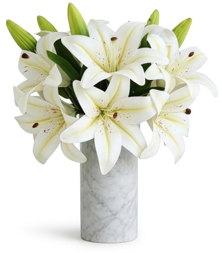 HUANYO 3 Heads Real Touch Artificial Lily Flowers, Fake Silk Lily Bouquet for Wedding, Home, Living Room, Bedroom, Garden Decoration - 3 Stems per Set (white)