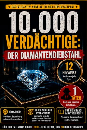 10.000 Verdächtige: Der Diamantendiebstahl: 12 Hinweise. Ein Täter. Das interaktive Krimi-Rätselbuch für Erwachsene. Analysiere alle Hinweise, ... allein durch Logik und Ausschlussverfahren.