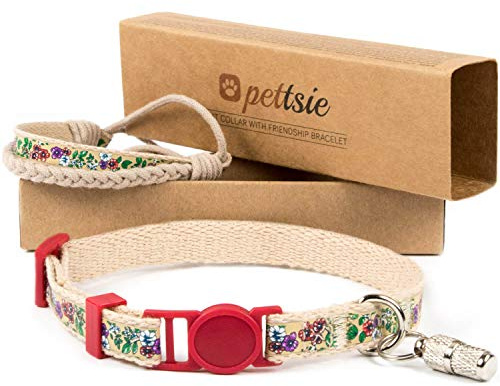 Pettsie Katzenhalsband mit Sicherheitsverschluss und Freundschaftsarmband | 100% Baumwolle, ID-Tag enthalten, Freundschaftsarmband für Sie, D-Ring für Zubehör