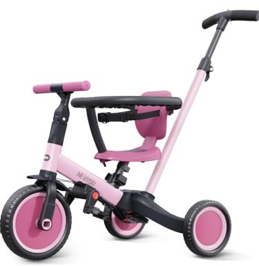 newyoo 5 in 1 Laufrad Dreirad, Dreirad ab 1-3 Jahr, Kinderdreirad mit schubstange, Kinderfahrrad, Laufräder Lauffahrrad inkl. Lenkstange, Sicherheitsbüge, TR008