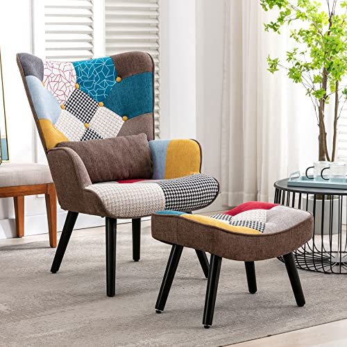 HomeMiYN Patchwork Chair,Accent Armchair with Ottoman Single Sofa Chairs with Footstool and Pillow,Fabric Upholstered High Back Armchairs Lounge Chair for Living Room Reading Bedroom