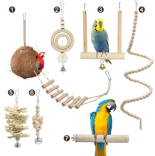 RICHDMI 7 Stück Papageienspielzeug, Vogelspielzeug, Wellensittich Spielzeug, Kokosnuss Vögel Käfig mit Leiter, Schaukelspielzeug Aus, Sitzstange und Kauspielzeug, für Kakadus Wellensittich Spielzeug