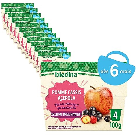BLEDINA - Coupelles de fruits bébé - Pommes, Cassis, Acerola - Riche en Vitamine C - Dès 6 mois - 48 coupelles de 100g