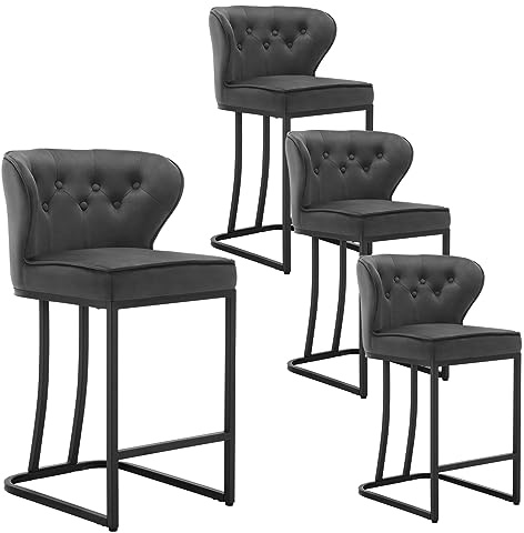 WOLTU Barhocker 4er Set, Barstuhl, Bistrohocker, Polsterhocker, Tresenhocker,Design-Hocker, mit großer Sitzfläche, Rückenlehne,Samtbezug, für Bar Kücheninsel Esszimmer,Dunkelgrau, BH383dgr-4