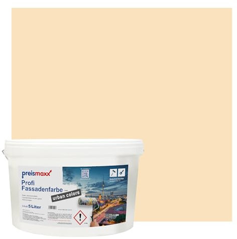 Preismaxx Profi Fassadenfarbe urban colors, bunte Außenfarbe, beige, biscuitbeige, biscuit 5L, matte, wasserabweisende Aussen-Dispersion, hohe Wasserdampfdurchlässigkeit