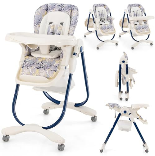 COSTWAY Tronas de Bebe Plegable, Trona Portatil Multifuncional con Ruedas Giratorias, 7 Altura Ajustable, Reposapiés y Respaldo, Bandeja de Comida Extraíble, para 6-36 Meses (Azul)
