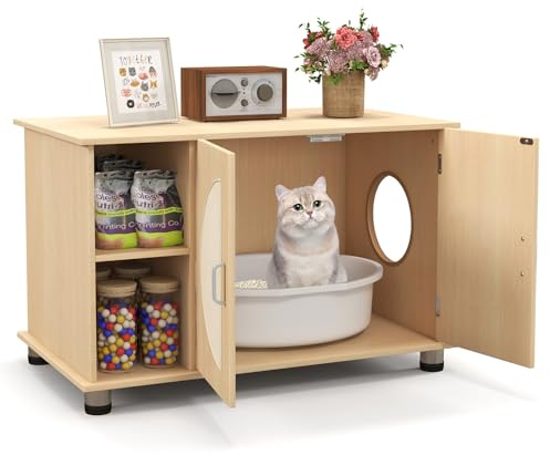 COSTWAY Caja de Arena para Gatos con Puertas Rascadoras de Sisal, Pies de Metal Ajustables, Baño Oculto para Gatos con Almacenamiento, con Gabinete Interior para Gatos