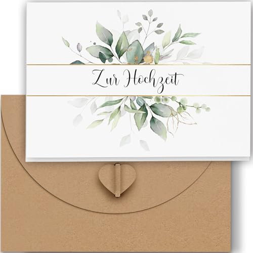 Premium Hochzeitskarte mit Umschlag aus Kraftpapier - Karte Hochzeit Modern, Glückwunschkarte Hochzeit Edel Personalisiert Schöne Hochzeit Geschenke für Brautpaar Eukalyptus Muster Klein(12x17cm)
