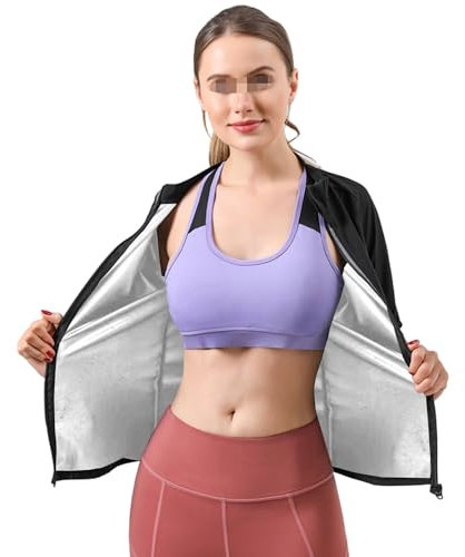 Sauna Suit Women, Sauna Jacket for Women, Workout Body Shaper Slimming Burn Fat Training Sauna Shirt Long Sleeve Zipper,L,Silver
