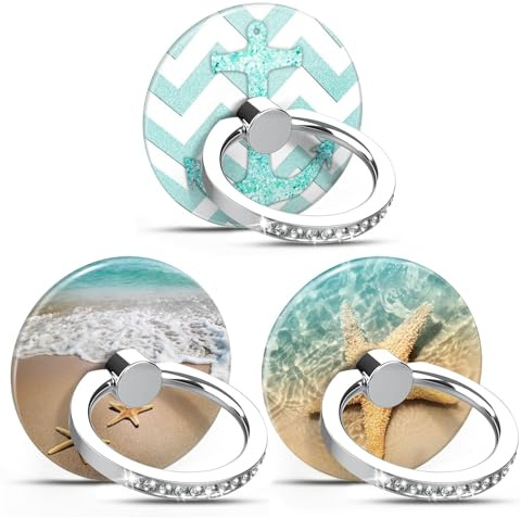 NCHomesy 3 Pack Cell Phone Ring Holder for Smartphone,364 Degree Rotation Finger Kickstand Phone Diamond Ring Stand Grip - Starfish Ocean Beach Anchor