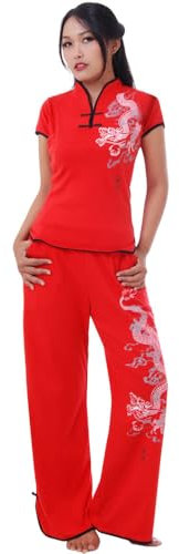 PRINCESS OF ASIA Asien Damen Frauen Drachen Yoga Trainingsanzug, Tai Chi, Hausanzug & Meditations Anzug Baumwolle S M L XL (Rot, L-XL)