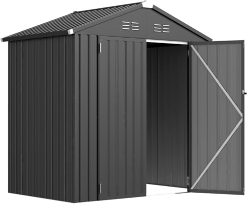 YODOLLA Metall Gerätehaus mit Satteldach, 193 x 116 x 196cm Geräteschuppen Garten Schuppen Gartenhaus mit Lüftungsschlitzen für Fahrrad, Werkzeug, Rasenmäher, Dunkelgrau