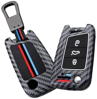 WUZUTU Custodia per chiave auto con portachiavi compatibile con VW Polo Golf 3 4 per Skoda Passat per Seat Ibiza 4 fibra di carbonio design a strisce, accessorio