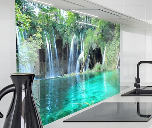 timalo Küchenrückwand Glasoptik | 120 x 60 cm Wasserfälle Wald See Natur Wasserfall | Acryl Glas 2mm | Spritzschutz Wand für Herd, Küche Glasrückwand Acrylglas Wandpaneele Rückwandschutz Platte