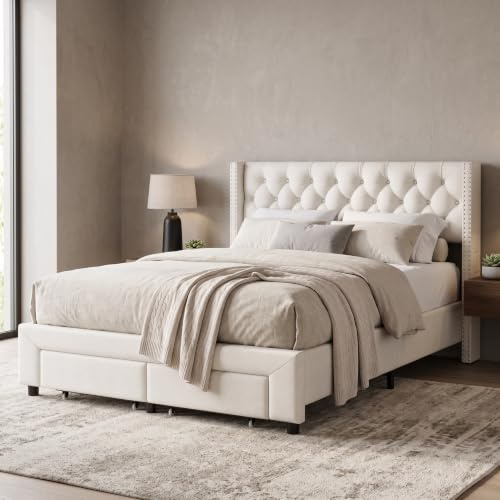 HYTKKBD Letto matrimoniale imbottito 160 x 200 cm, Struttura Letto Imbottito con 2 cassetti, Testiera con LED e funzione di ricarica USB,Rete a doghe, bottoni, rivetti decorativi